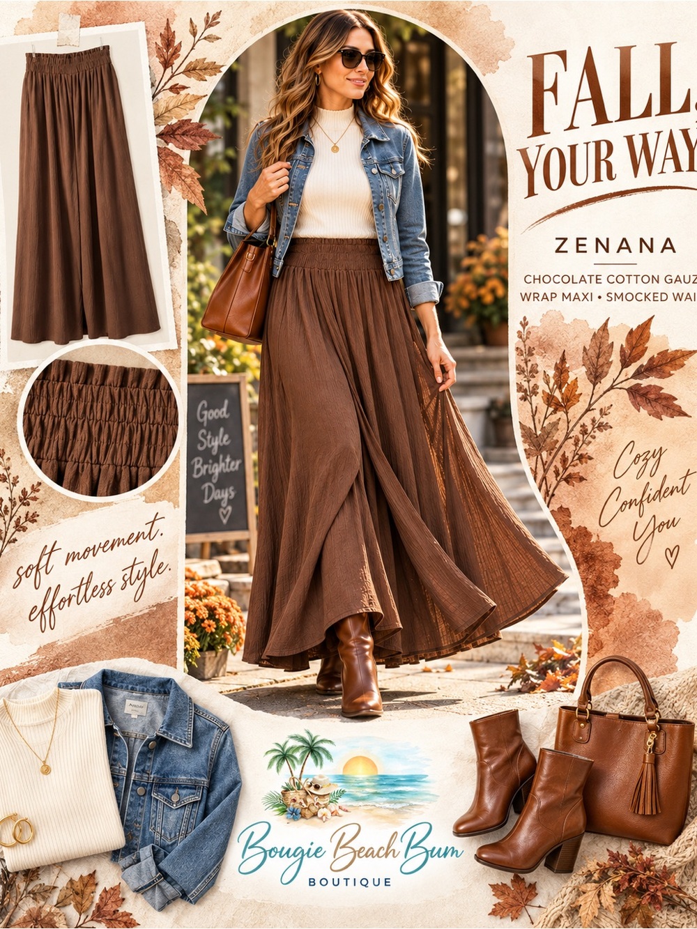 Zenana Outfitters Chocolate Brown Maxi Skirt with Smocked Waist